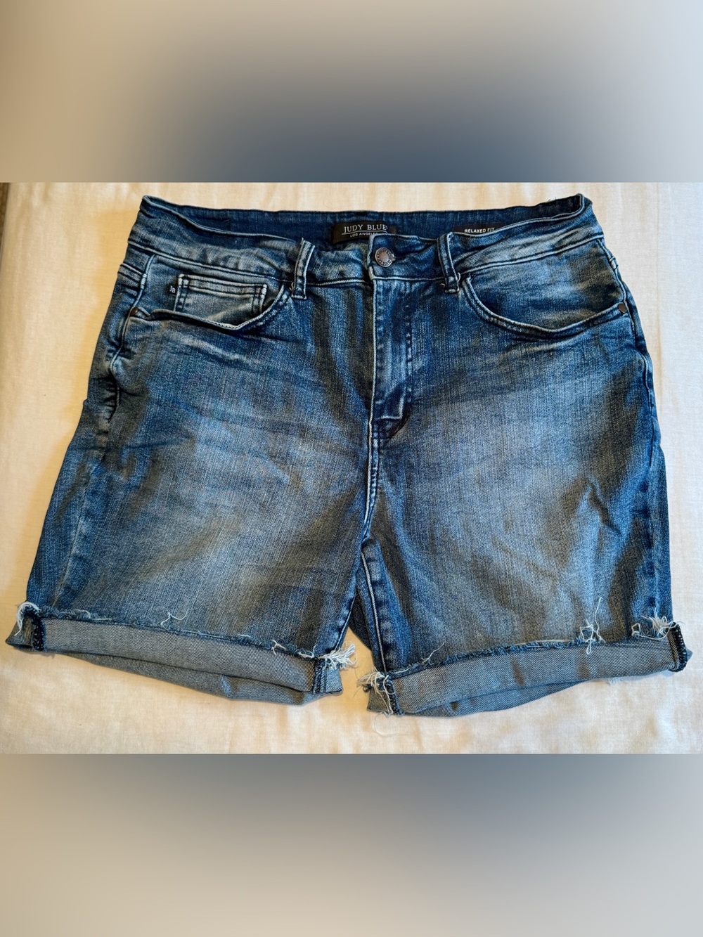 Judy Blue Dark Wash Distressed Denim Shorts with Rolled Hem, plus size 16W